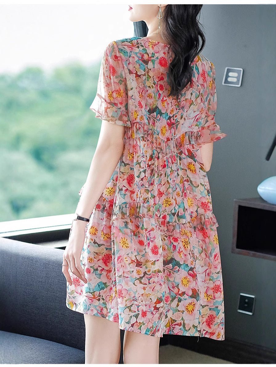 Womens Pink Floral Silk Mini Dress Tiered Ruffle Loose Silk Dress