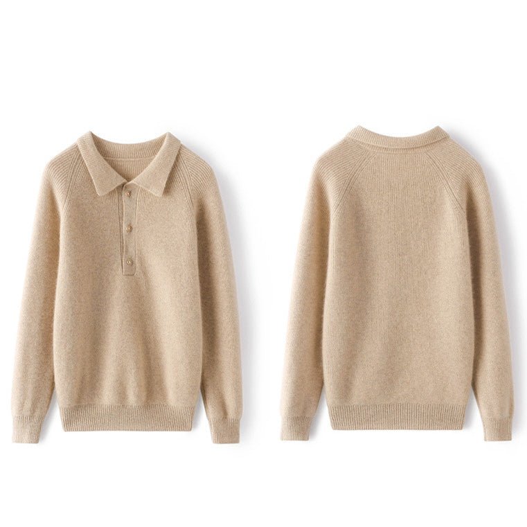 Womens Ribbed Cashmere Polo Sweater Button - Up Long Sleeves Sweater Beige XS