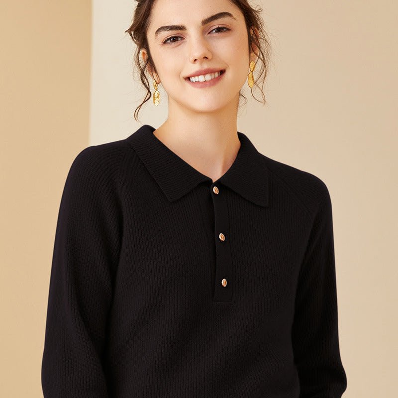 Womens Ribbed Cashmere Polo Sweater Button - Up Long Sleeves Sweater Black XS