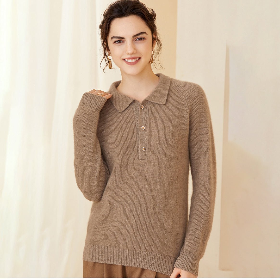 Womens Ribbed Cashmere Polo Sweater Button - Up Long Sleeves Sweater Taupe XS