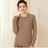 Womens Ribbed Cashmere Polo Sweater Button - Up Long Sleeves Sweater Taupe XS