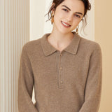 Womens Ribbed Cashmere Polo Sweater Button - Up Long Sleeves Sweater Taupe XS