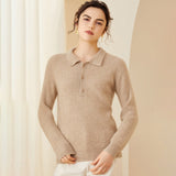 Womens Ribbed Cashmere Polo Sweater Button - Up Long Sleeves Sweater Beige XS