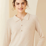 Womens Ribbed Cashmere Polo Sweater Button - Up Long Sleeves Sweater Ivory XS