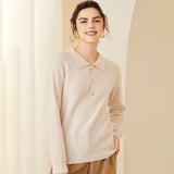 Womens Ribbed Cashmere Polo Sweater Button - Up Long Sleeves Sweater Ivory XS