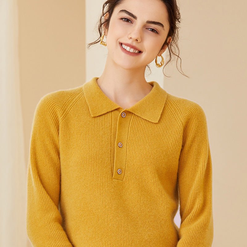 Womens Ribbed Cashmere Polo Sweater Button - Up Long Sleeves Sweater Yellow XS