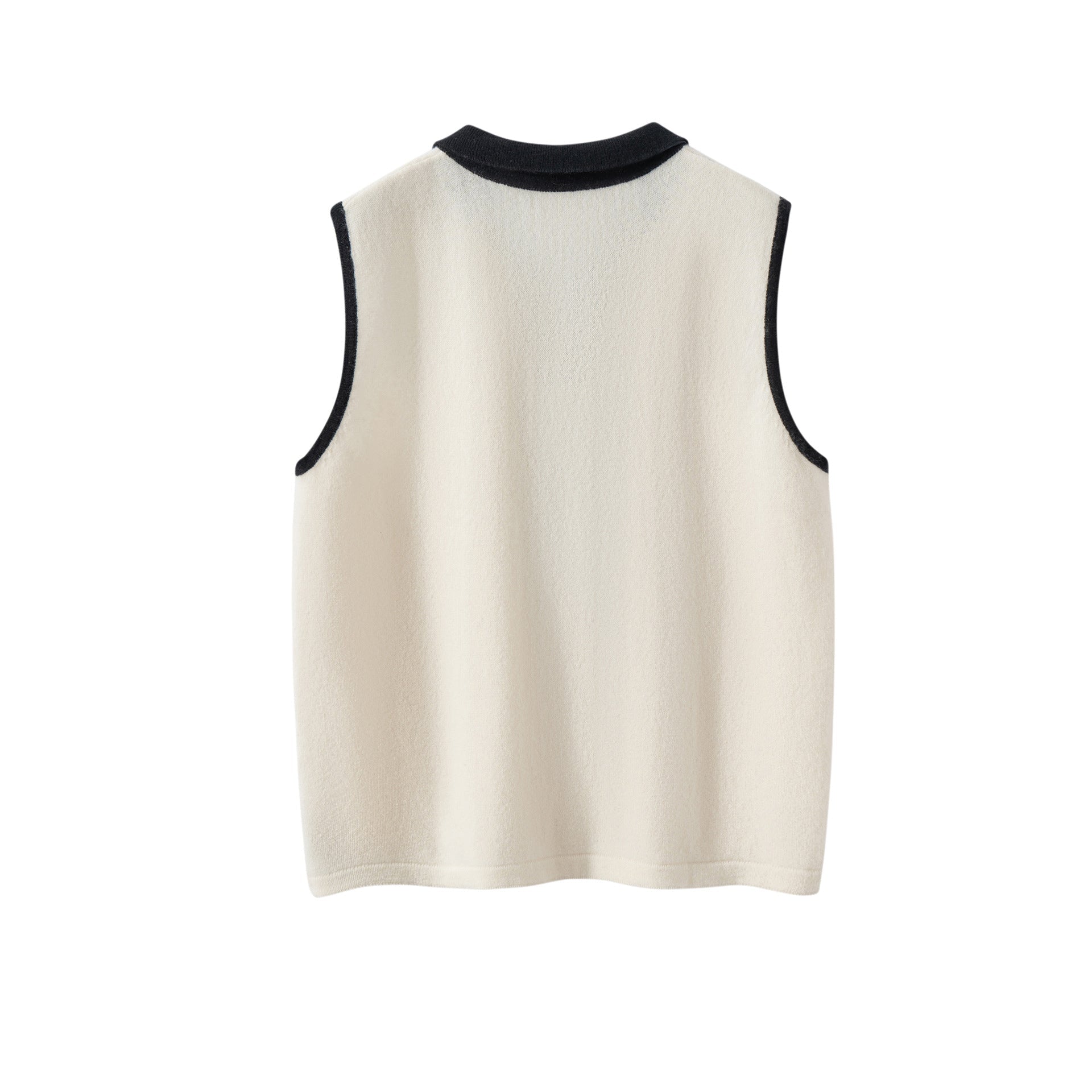 Womens Polo Neck Cashmere Vest Contrast Trim Sleeveless Cashmere Knit Sweater Ivory XS