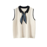 Womens Polo Neck Cashmere Vest Contrast Trim Sleeveless Cashmere Knit Sweater Ivory XS