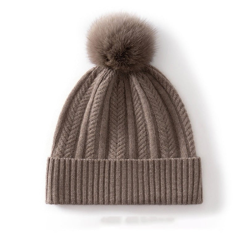 Womens Pom Cashmere Beanie Soft Rib Cashmere Knit Hat Fold Cuff