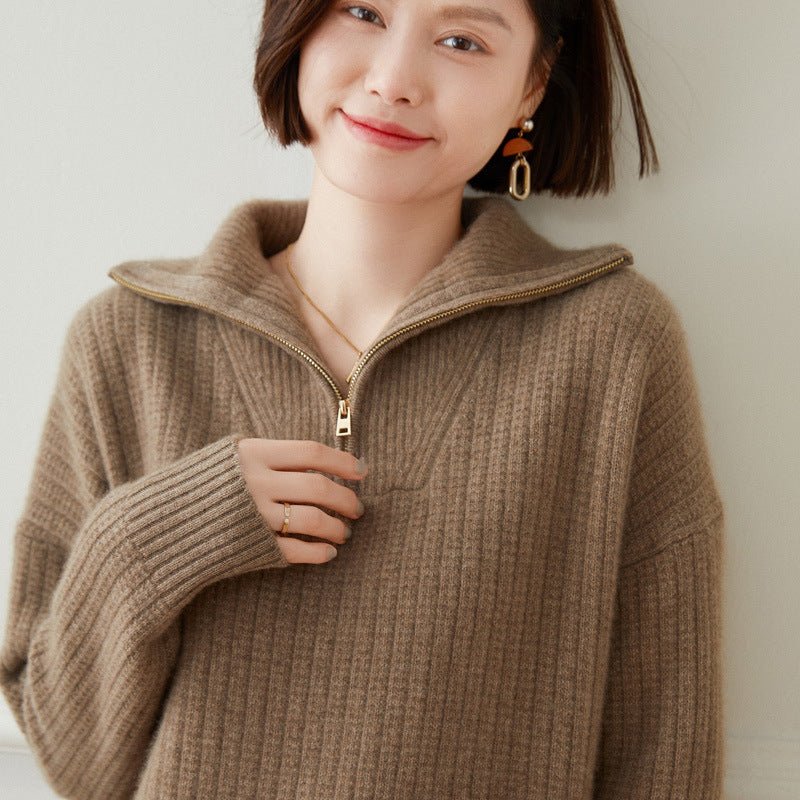 Womens Ribbed Half - Zip Collar Long Sleeve Cashmere Sweater Taupe XS