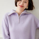 Womens Ribbed Half - Zip Collar Long Sleeve Cashmere Sweater Purple XS