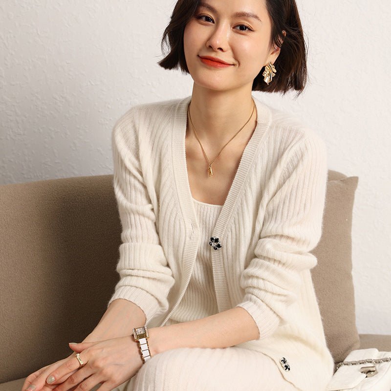 Womens Rib Knit Cashmere Cardigan Crystal Button Cashmere Sweater