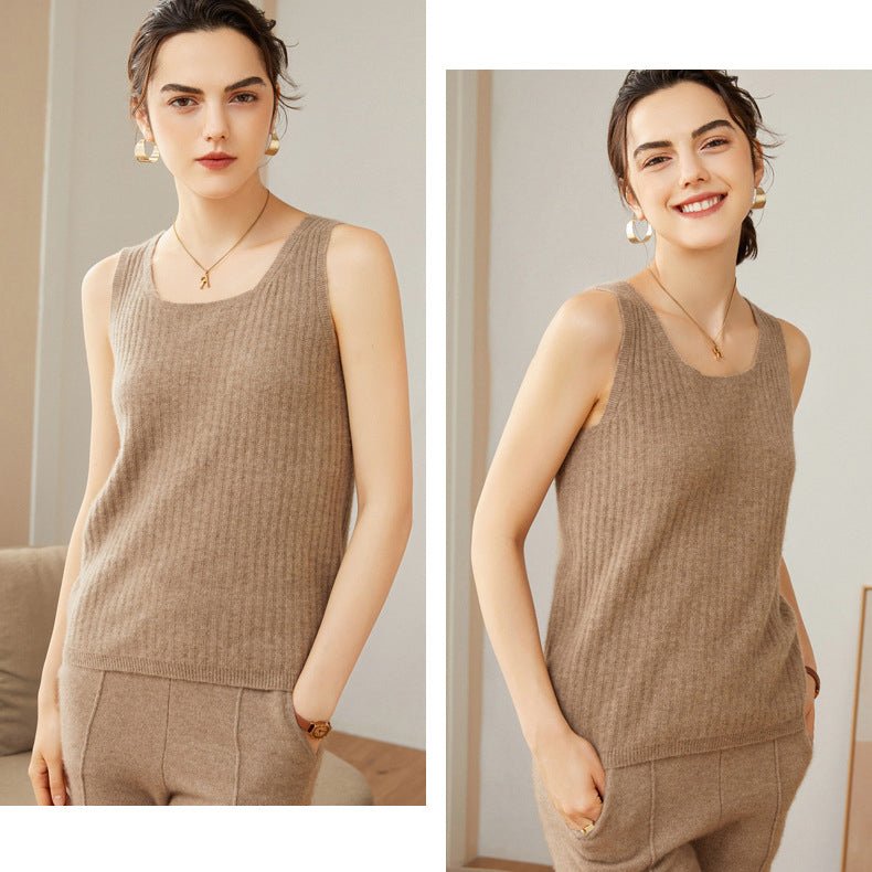 Womens Ribbed Knit Scoop Neck Sleeveless Vest U - Neck Cashmere Tank Taupe XS