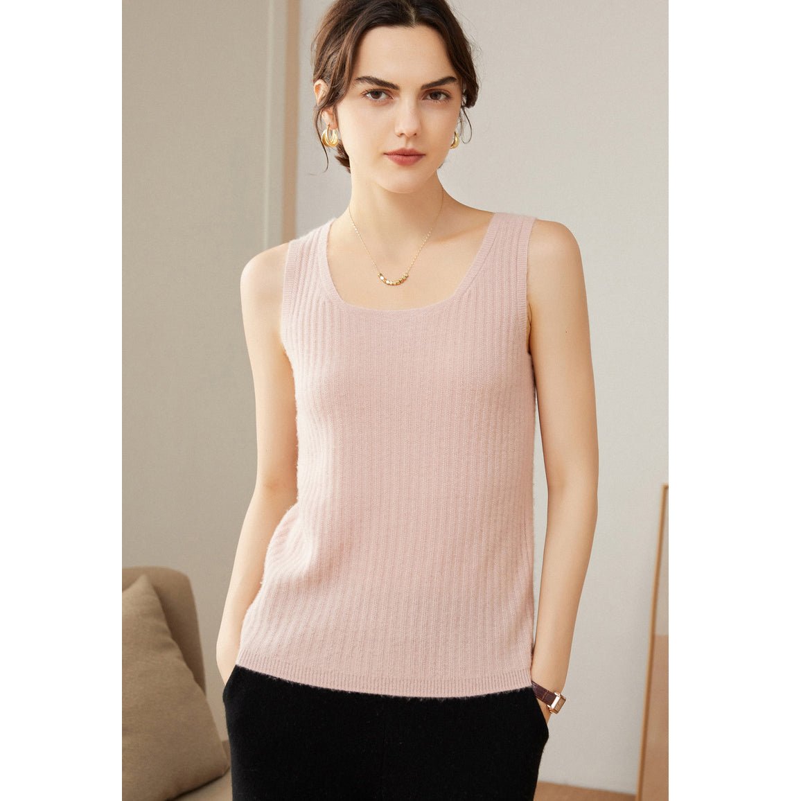 Womens Ribbed Knit Scoop Neck Sleeveless Vest U - Neck Cashmere Tank Pink XS