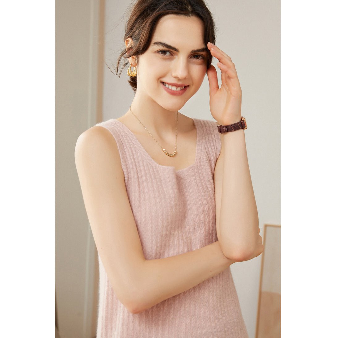 Womens Ribbed Knit Scoop Neck Sleeveless Vest U - Neck Cashmere Tank Pink XS