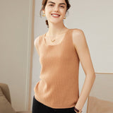 Womens Ribbed Knit Scoop Neck Sleeveless Vest U - Neck Cashmere Tank Camel XS