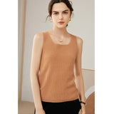 Womens Ribbed Knit Scoop Neck Sleeveless Vest U - Neck Cashmere Tank Camel XS