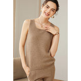 Womens Ribbed Knit Scoop Neck Sleeveless Vest U - Neck Cashmere Tank Taupe XS