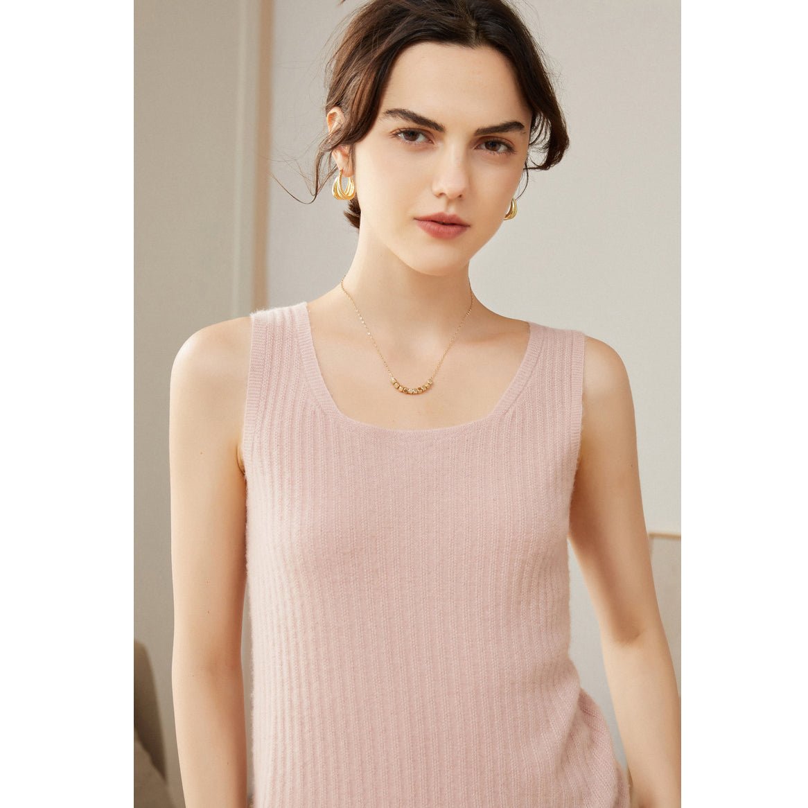 Womens Ribbed Knit Scoop Neck Sleeveless Vest U - Neck Cashmere Tank Pink XS