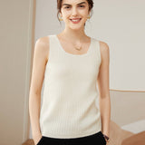 Womens Ribbed Knit Scoop Neck Sleeveless Vest U - Neck Cashmere Tank Ivory XS