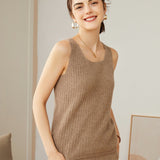 Womens Ribbed Knit Scoop Neck Sleeveless Vest U - Neck Cashmere Tank Taupe XS