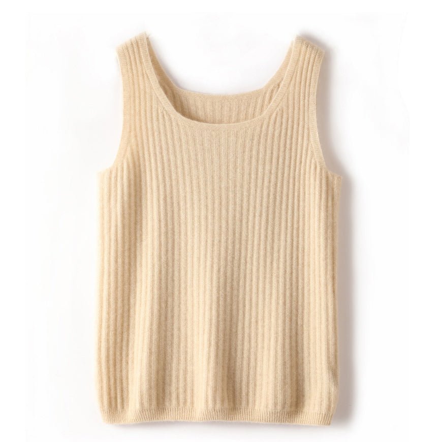 Womens Ribbed Knit Scoop Neck Sleeveless Vest U - Neck Cashmere Tank Beige XS