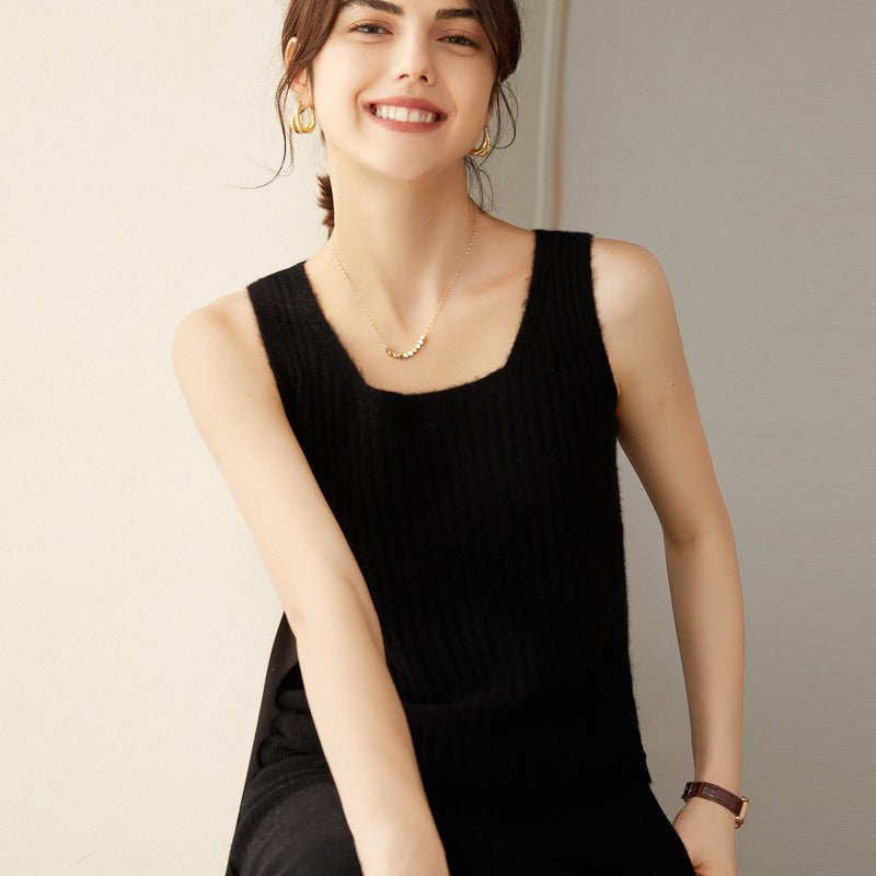 Womens Ribbed Knit Scoop Neck Sleeveless Vest U - Neck Cashmere Tank Black XS