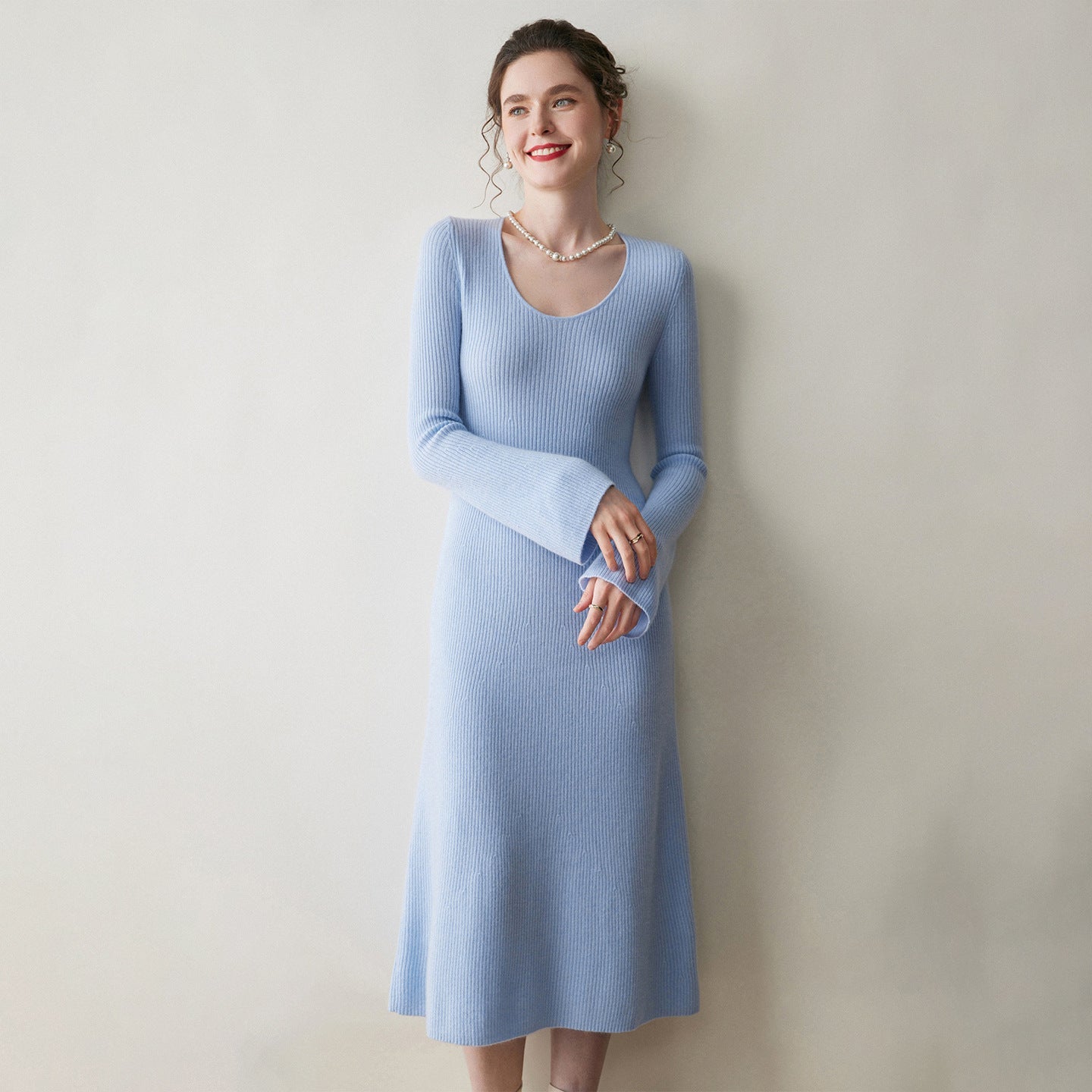 Womens Ribbed Cashmere Knit Midi Dress V Neck Flared Sleeve Cashmere Sweater Dress Blue XS