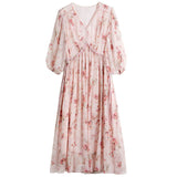 Womens Silk Chiffon Midi Dress Floral Print Gathered Waist Pink Silk Dress