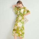 Womens Silk Chiffon Midi Dress Flutter Sleeve Watercolor Floral Green Silk Dress