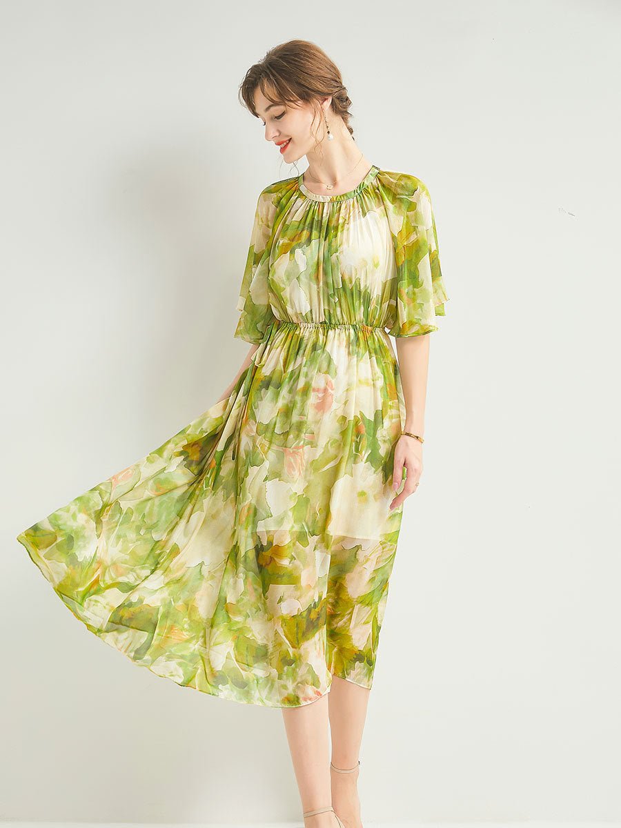 Womens Silk Chiffon Midi Dress Flutter Sleeve Watercolor Floral Green Silk Dress