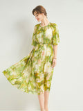 Womens Silk Chiffon Midi Dress Flutter Sleeve Watercolor Floral Green Silk Dress