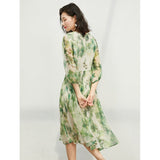 Womens Silk Chiffon Midi Dress Watercolor Leaf Print Sheer Sleeve Green Silk Dress