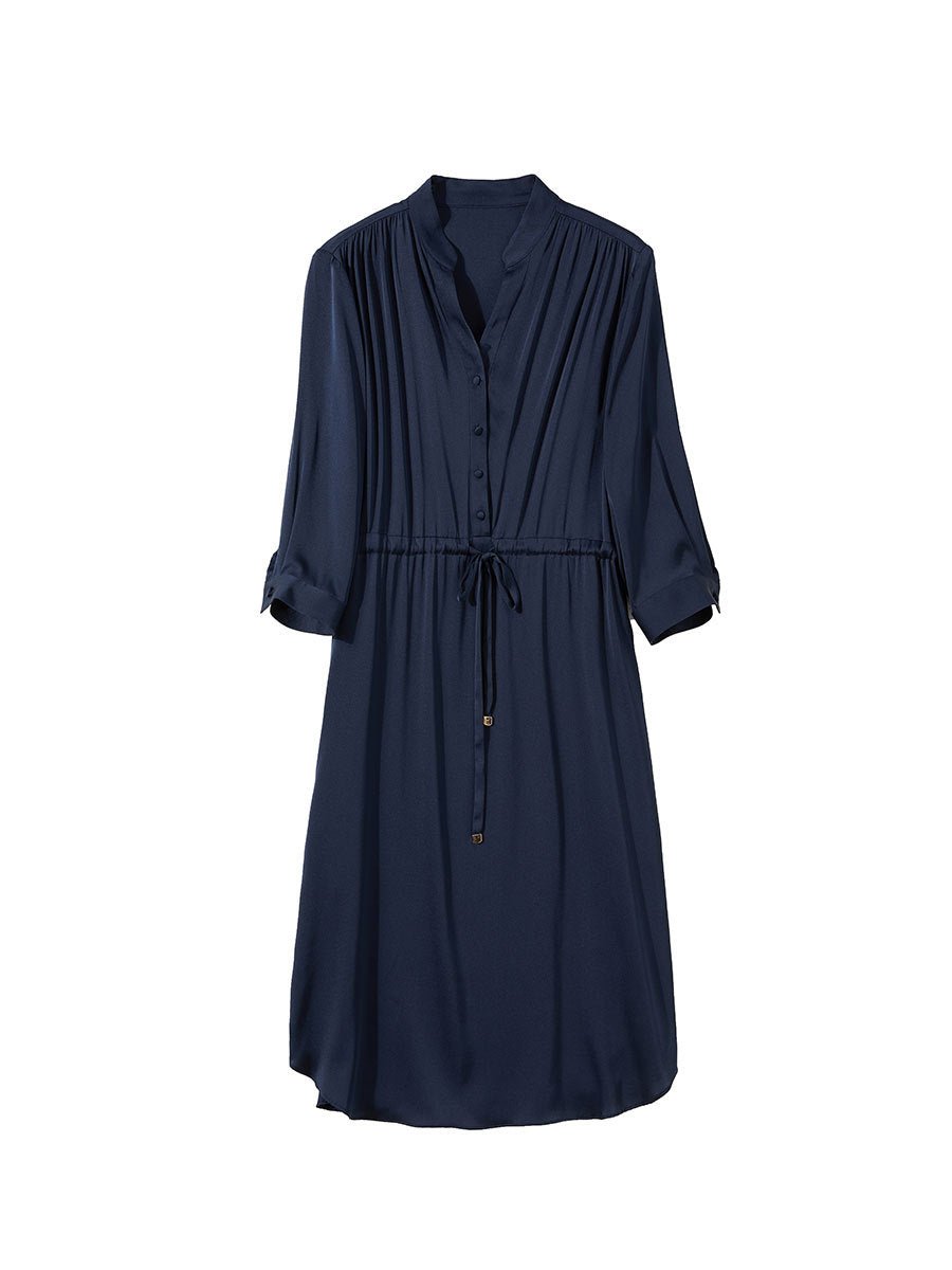Womens Silk Dress Long Sleeve Silk Shirt Dress with Drawstring Waist Navy Blue XS