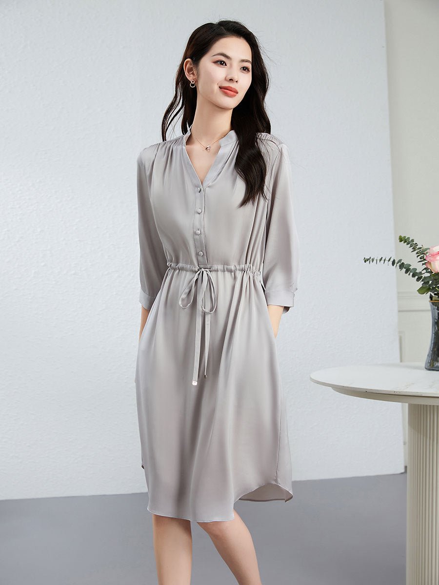 Womens Silk Dress Long Sleeve Silk Shirt Dress with Drawstring Waist Gray XS