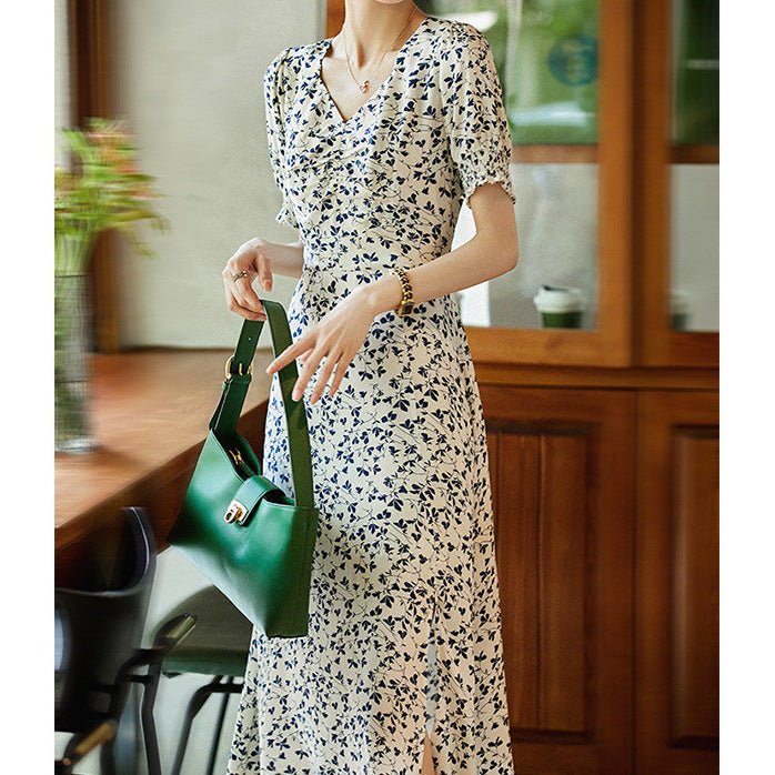 Womens Silk Floral Dress Silk Midi Dress V Neck Ruched Summer Dress White XS