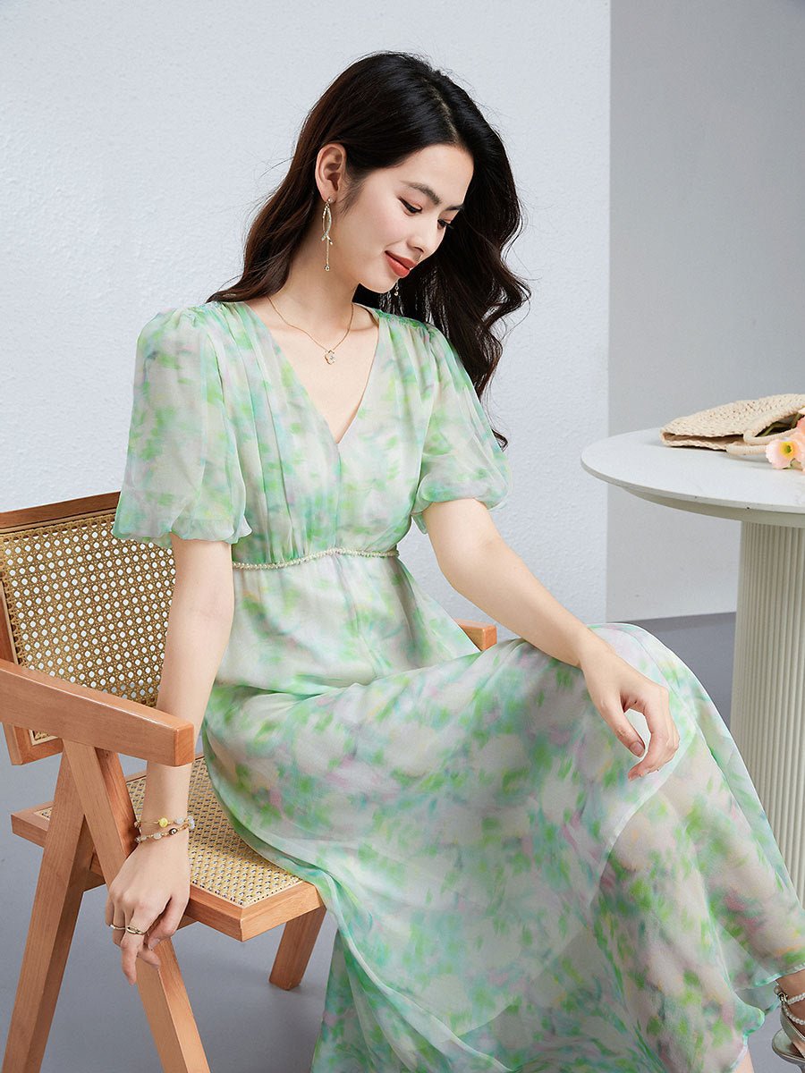 Womens Silk Floral Dress V Neck Silk Midi Dress Short Sleeve Flowing Skirt Green XS