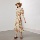 Womens Silk Floral Dress with Puff Sleeve Silk Midi Wrap Dress Spring Summer Beige XS