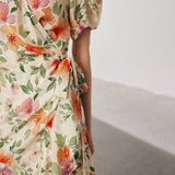 Womens Silk Floral Dress with Puff Sleeve Silk Midi Wrap Dress Spring Summer Beige XS