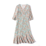 Womens Silk Floral Midi Dress V - Neck Sheer Sleeve Green Silk Dress Green XS