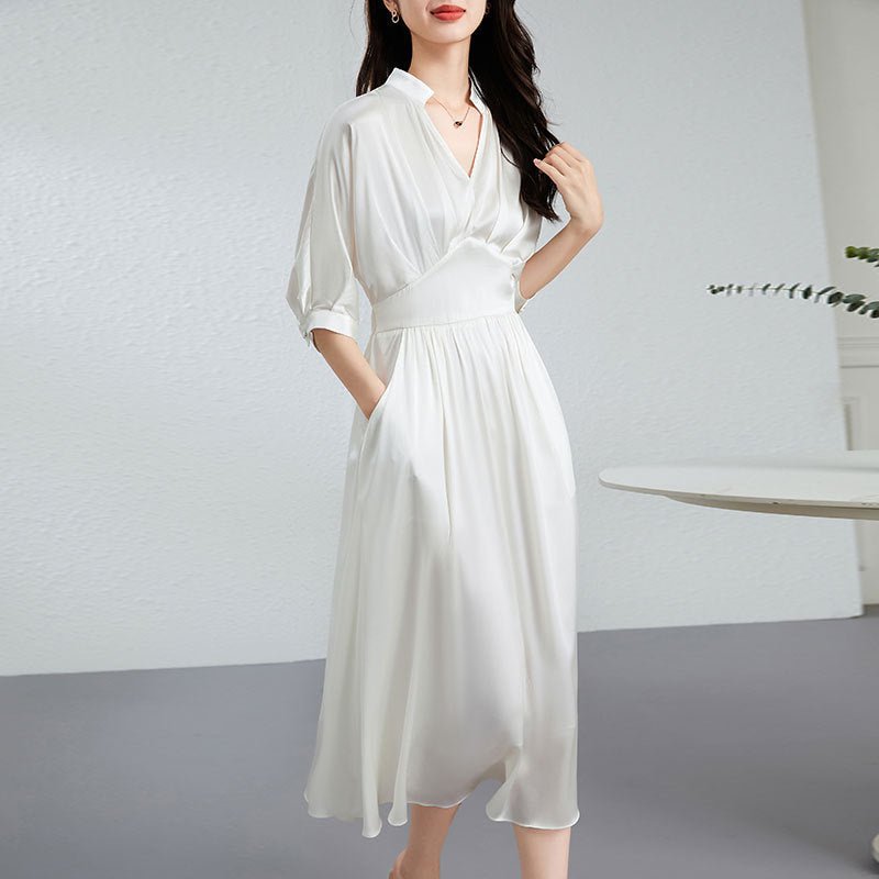Womens Silk Midi Dress Draped V - Neck Cinched Waist Long Silk Dress