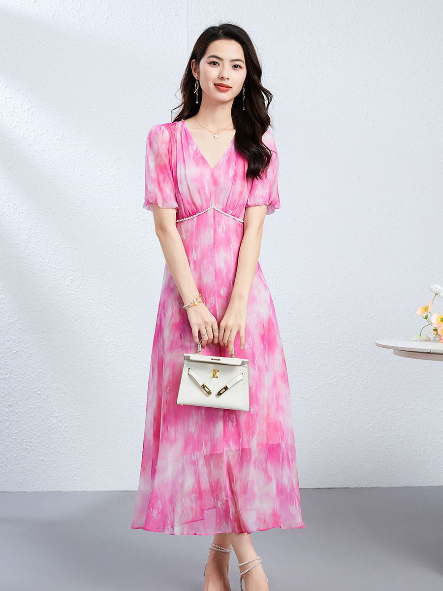 Womens Silk Midi Dress Puff Sleeves Long Silk Dress Watercolor Print Silk Dress Pink XS