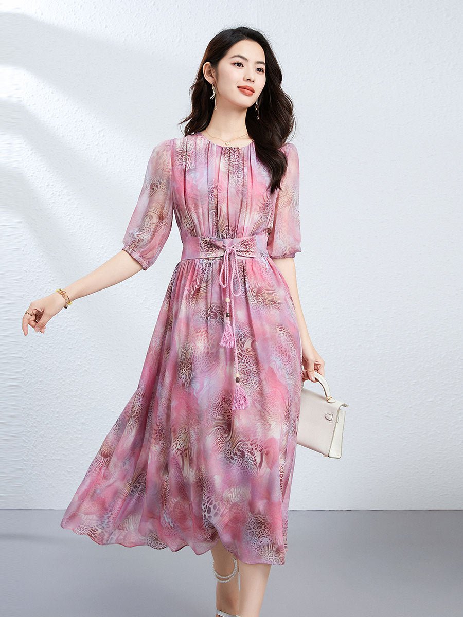 Womens Silk Midi Dress with Puff Sleeves Crew Neck Silk Floral Dress Pink XS