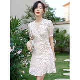 Womens Silk Mini Wrap Dress Puff Sleeve Heart Print Silk Dresses