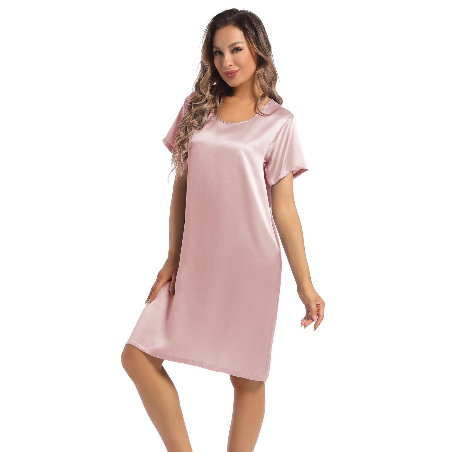 Women's Silk Nightgown Short Sleeve Round Neck Silk Nightdress