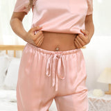 Women's Silk Pajamas Short Sleeve Round Neck Silk Pj Set