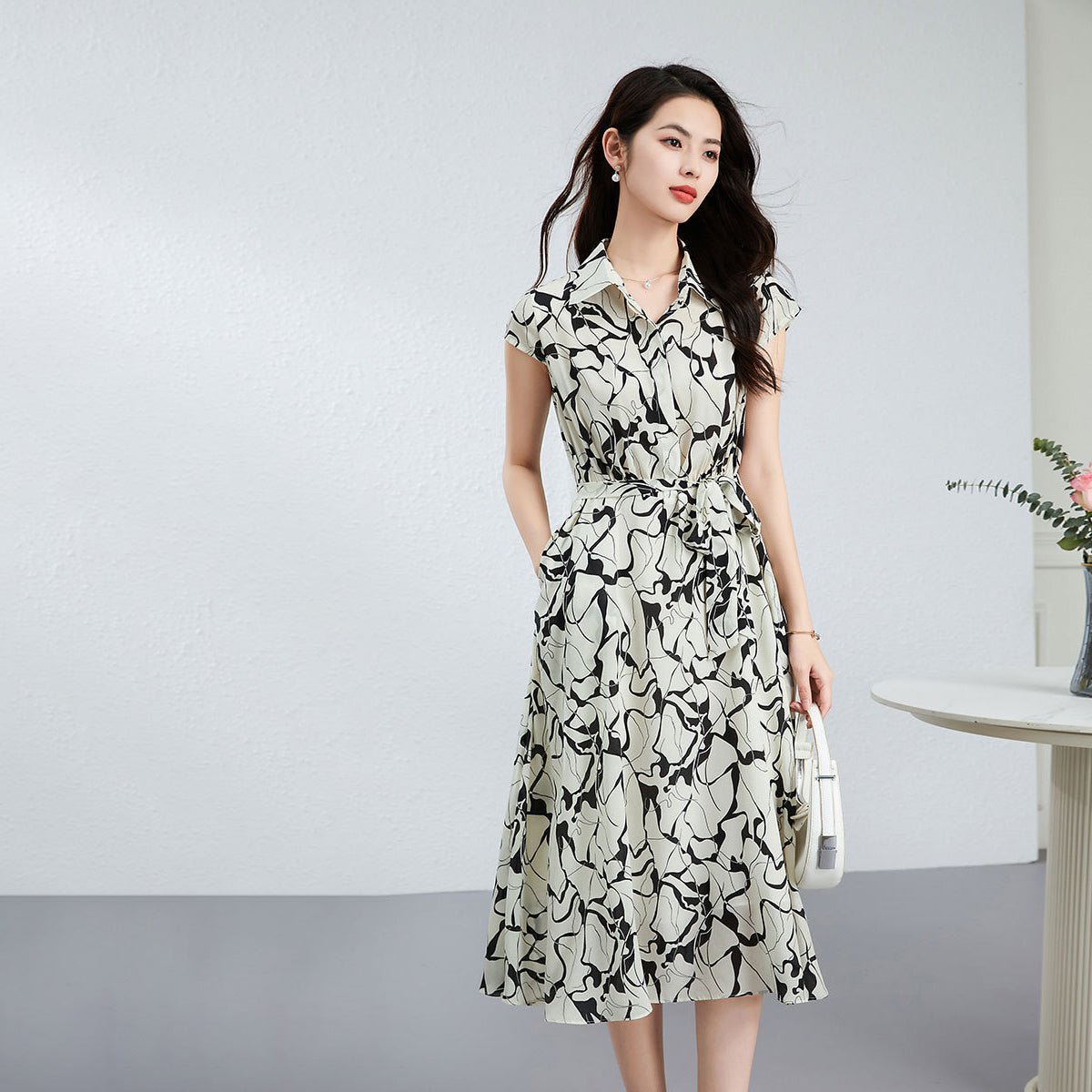 Womens Silk Shirt Midi Dress Abstract Print Waist Tie Silk Dress