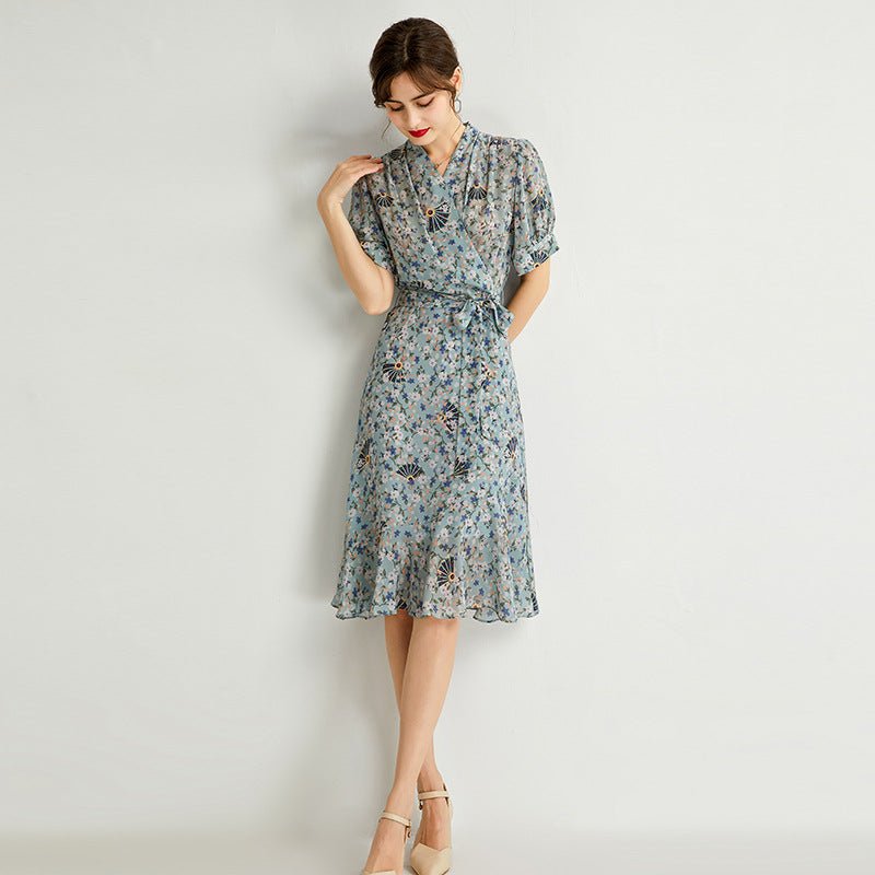 Womens Silk Wrap Midi Dress Fan Motif Ruffled Hem Blue Silk Dress Blue XS