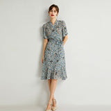 Womens Silk Wrap Midi Dress Fan Motif Ruffled Hem Blue Silk Dress Blue XS