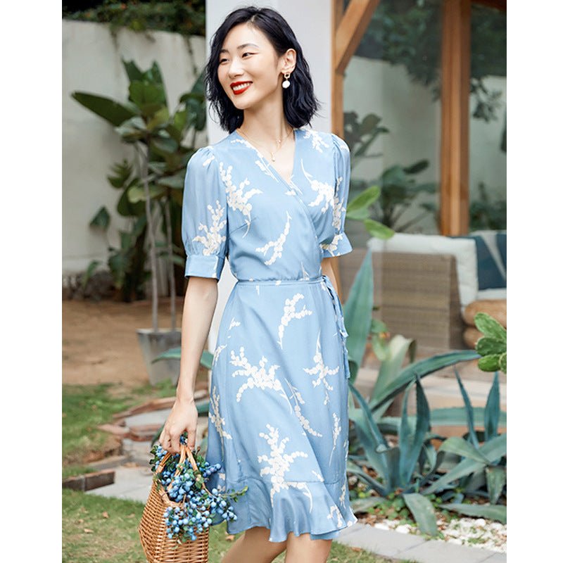 Womens Silk Wrap Mini Dress Puff Sleeve Floral Print Blue Silk Dress